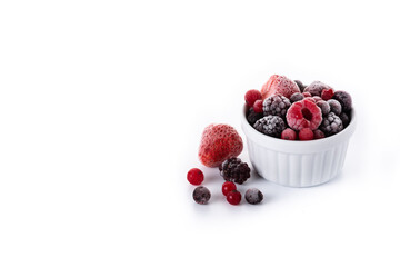 Assortment of iced berries in a bowl isolated on white background