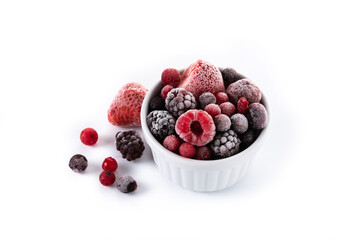 Assortment of iced berries in a bowl isolated on white background