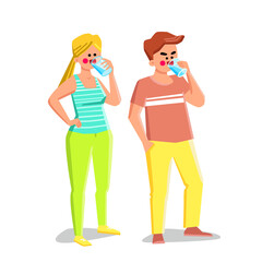 drinking water from glass. man woman drink clean water from glass. healthy thirsty person. home hydrate beverage. mineral pure vitamin vector character flat cartoon Illustration