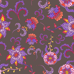 Fototapeta na wymiar Watercolor seamless pattern with folky flowers and leaves in ethnic style. Floral decoration. Traditional paisley pattern. Textile design texture.Tribal ethnic vintage seamless pattern.