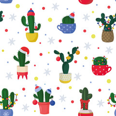 Christmas seamless pattern on a white background. Colorful pattern of New Year's winter cacti, Christmas trees with garlands, snowflakes, Santa Claus hat, scarves and knitted hats, cactus