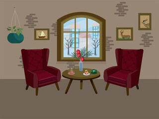 The interior of the cafe inside. Cozy cafe atmosphere. Two armchairs and a table by the window. Outside the window is a winter landscape. Hot coffee and tea with pancakes. Vector illustration in carto