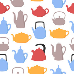Teapots and kettles seamless pattern. Colorful objects on white background. Kitchen utensil background. Doodle style. Vector illustration