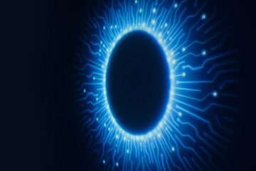 Neon blue geometric circle on dark background. Round virtual screen. Holographic interface to display data. 