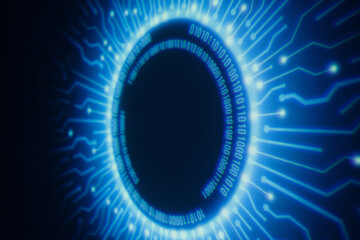 Neon blue geometric circle on dark background. Round virtual screen. Holographic interface to display data. 