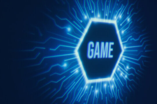 Neon blue geometric circle with inscription game on dark background. Round virtual screen. Holographic interface to display data.