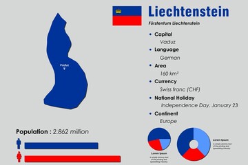 Liechtenstein infographic vector illustration complemented with accurate statistical data. Liechtenstein country information map board and Liechtenstein flat flag - obrazy, fototapety, plakaty