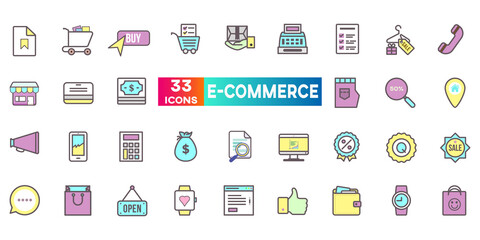 E-commerce or Online Shop Icons Collection. Icon Set Contains Such as Store Icon, Shopping Chart, Shopping Bag, Sale and More