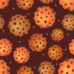 Chocolate cookies with light pink dots on a brown background. Seamless food sweet pattern. Suitable for packaging.