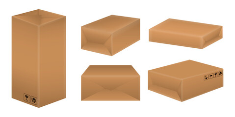 set of realistic brown cardboard isolated or mock up fragile packaging or packaging online shop store. eps vector
