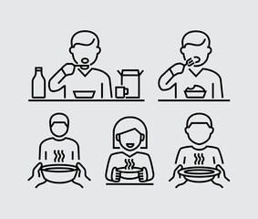 People Eating. Food Sharing Charity. Hand Hold Plate Vector Line Icons