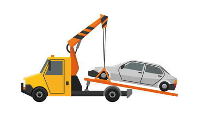 Tow truck. Flat faulty car loaded on a tow truck. Vehicle repair service which provides assistance damaged or salvaged cars