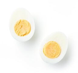 Hard boiled eggs isolated on white, from above