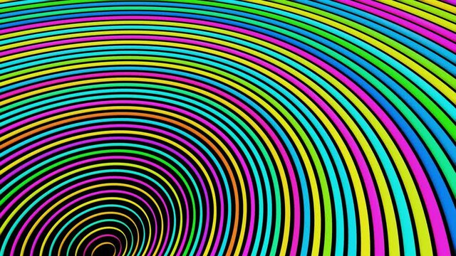 abstract geometric looped bg with rings form complex structure and light effects. Rings flash neon multicolor lights. Neon ring bulbs for show or events, festivals or concerts, vj night clubs.