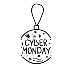 Cyber monday tree toy ball logo icon sign Cartoon cute concept Snowflake star sparkle scribble symbol Hand drawn ink sketch Doodle design Fashion print clothes apparel greeting invitation card cover