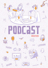 Indie podcasting. Vertical flyer for podcast's creators. Outline illustration: radio program recording and special equipment for sound: microphones, headphones, mixer, computer. Panoramic view, vector