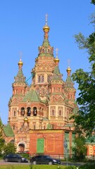Ancient historical building of orthodox church cathedral in Russia, Ukraine, Belorus, Slavic people faith and beleifs in Christianity Saint Petersburg Petergof