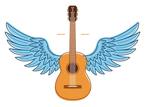 Acoustic guitar with wings vector emblem for festival or concert or player isolated on white, live music theme, logo for musical recording label, instruments shop.