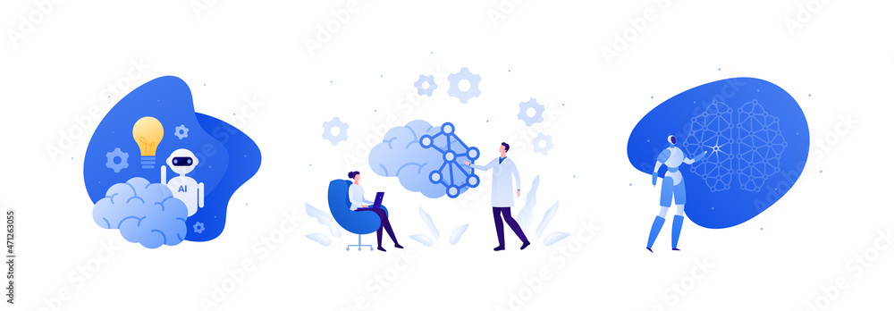 Poster technology and artificial intelligence concept. vector flat illustration set. robot, woman and scien