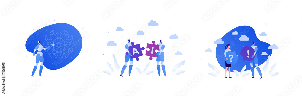Poster technology and artificial intelligence concept. vector flat illustration set. robot and woman charac