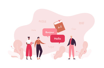 Language school education concept. Vector flat people illustration. Multiethnic group of student. Book, speech bubble with hello and bonjour text. Arabian, chinese word on background. © tasty_cat