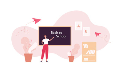 School education concept. Vector flat people illustration. Blackboard with back to school text. Girl kid standing near chalk board. Alphabet, paper plane and book symbol.