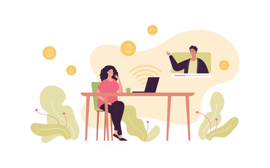 Education concept. Online university, webinar and courses. Vector flat people illustration. Female student sitting at desk with laptop. Male teacher on screen. Design for e-learning