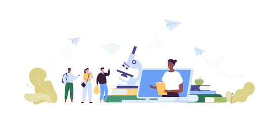 Education concept. Online university, webinar and courses. Vector flat people illustration. Multiethnic group of student with book and microscope on background. Female african teacher on screen.