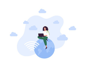 Education concept. Online university and courses. Vector flat people illustration. Female student with laptop computer sitting planet earth. Wireless connection symbol on sky background