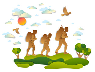 Happy active family hiking through meadows and fields with trees and birds in the summer sky. Father mother and son hikers having time of freedom in nature summer holidays, vector illustration.