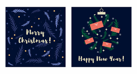 Merry Christmas. Happy New year. Postcard template. Social media post. Christmas tree, ball, toys and gift box patttern background on square cards