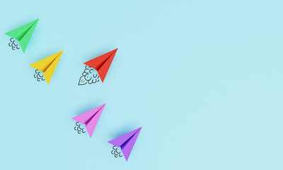Red paper plane move out and leading from colorful another plane for leadership concept by 3d...