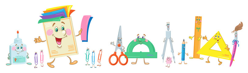 Set of funny school supplies for children's creativity. Color paper, scissors, glue, pencil, compass, rulers, paper clips. In cartoon style. Isolated on white background. Vector illustration. 