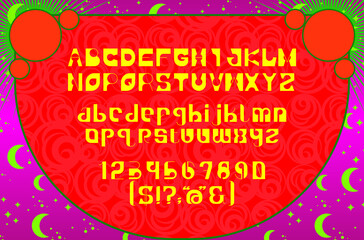 Psychedelic art (psychedelia) with uppercase, lowercase, numerals and special characters. Psychedelia is visual displays inspired by psychedelic experiences after the ingestion of psychedelic drugs