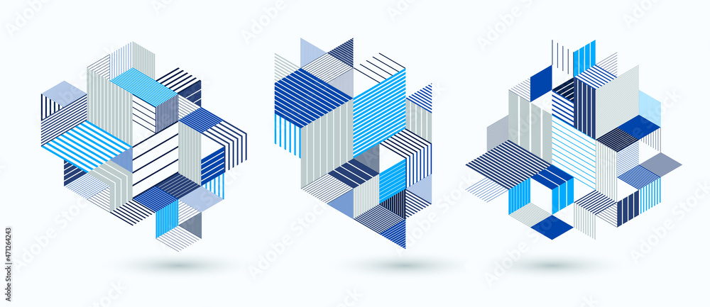 Poster line design 3d cubes and triangles abstract backgrounds set, polygonal low poly isometric retro styl