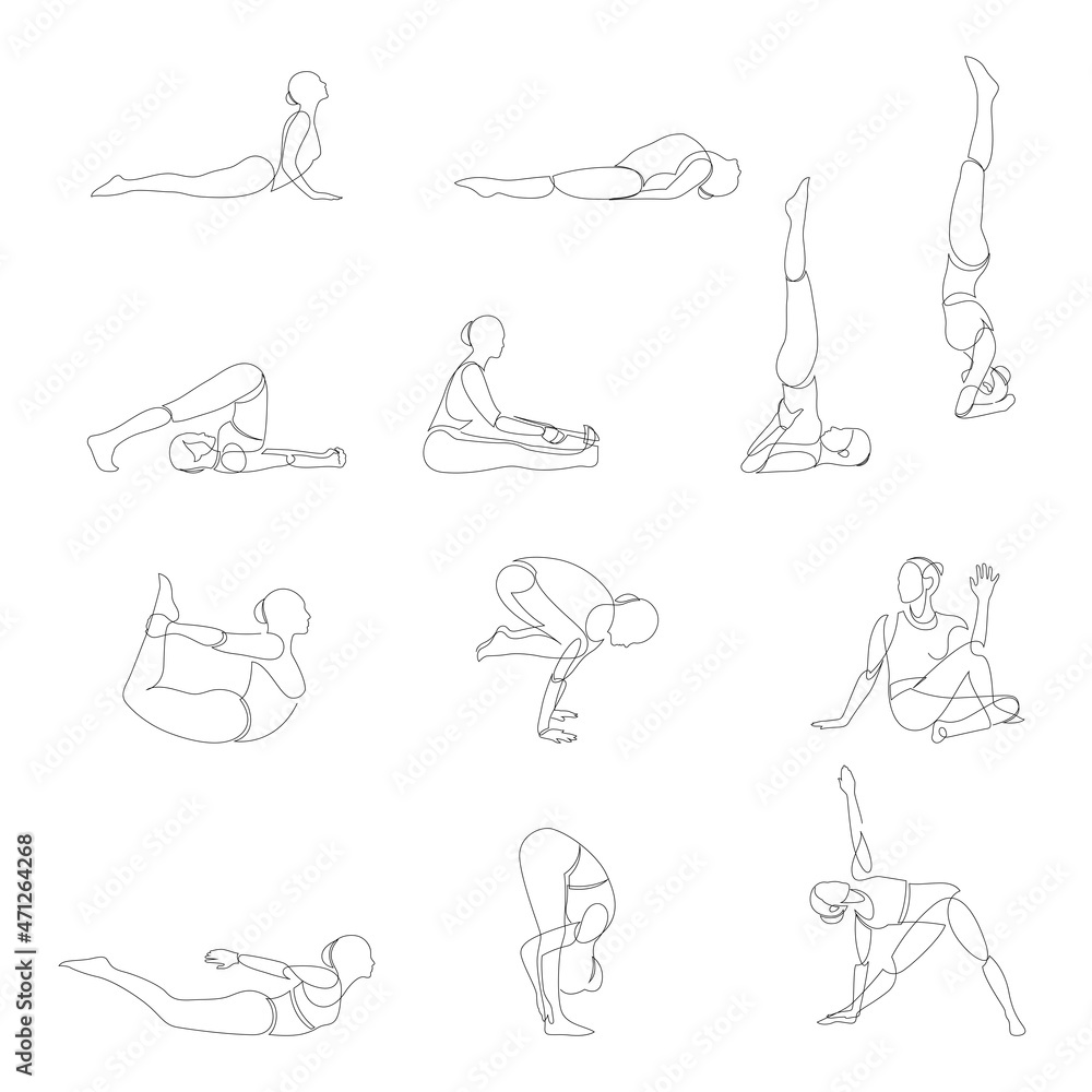 Wall mural vector illustration of yoga poses silhouette. continuous line yoga set. silhouette yoga.