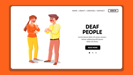 Deaf people Commubication. Hearing language sign. Mute person conversation. Deaf people ear loss day. Hands talking technology. Vector web Flat Cartoon Illustration