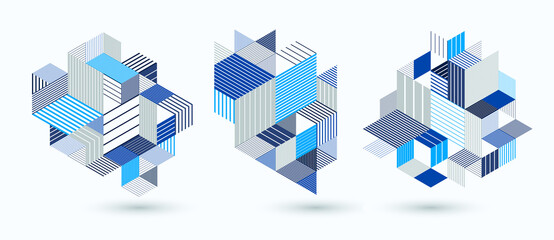 Line design 3D cubes and triangles abstract backgrounds set, polygonal low poly isometric retro style templates. Stripy graphic elements isolated. Templates for posters or banners, covers or ads.
