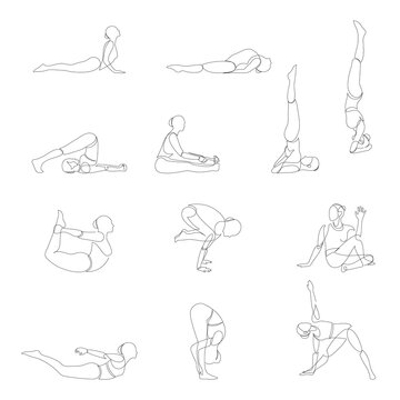 Vector illustration of Yoga poses silhouette. Continuous line yoga set. Silhouette Yoga.