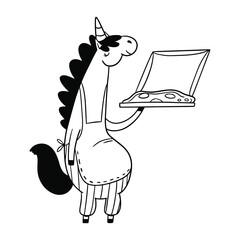 Pizza chef unicorn, funny unicorn with pizza box. Simple illustration for coloring book or pizza box design.