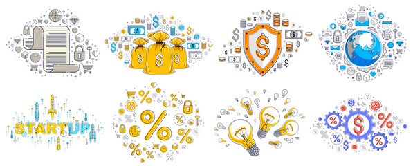 Business and finance theme different vector illustrations set with a lot of simple icons, trendy design drawings commercial theme collection, diversity of symbols and signs.