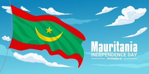 vector illustration, the flag of Mauritania flying against a blue sky background, as a Mauritania independence day banner.