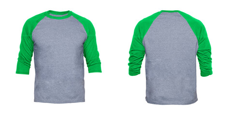 Blank sleeve Raglan t-shirt mock up templates color gray/green front and back view on white...