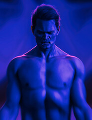 Obraz premium Furious muscled asian man in blue and pink coloured light. 3D rendering.