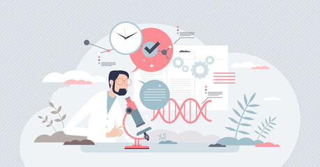 Scientific research with biochemistry test or examination tiny person concept. Professional work process with microscope and DNA gene examples vector illustration. Biological innovation breakthrough. - obrazy, fototapety, plakaty