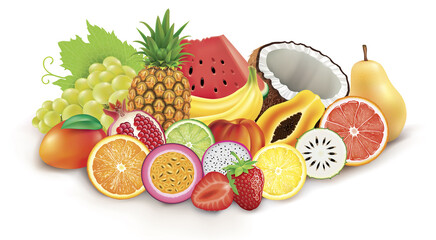 Group of exotic fruit. Pineapple, Pear, peach, grape, grapefruit, pomegranate, banana, strawberry, orange, lemon