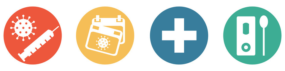 Bunter Banner mit 4 Buttons: 2G-Plus-Regel - Geimpft oder Genesen plus Test