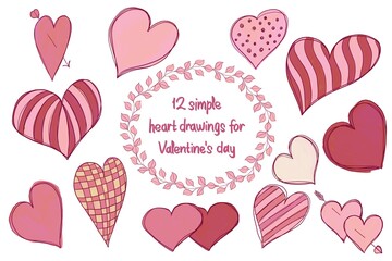 A set of decorative doodle illustrations of Valentine's Day hearts with patterns in red and pink