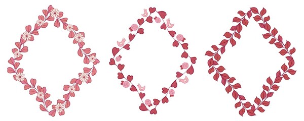 A set of decorative frames, rhombuses of red and pink on a white background, isolated pictures