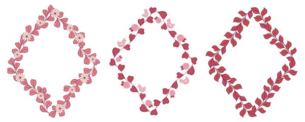 A set of decorative frames, rhombuses of red and pink on a white background, isolated pictures